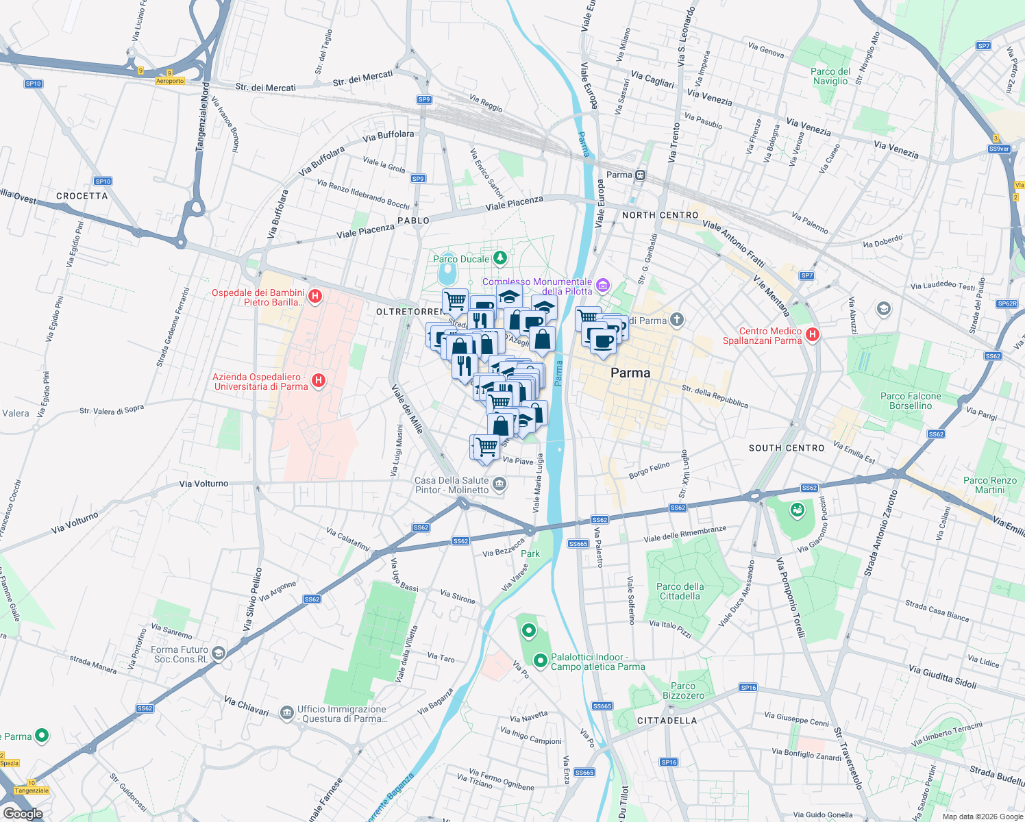 map of restaurants, bars, coffee shops, grocery stores, and more near 19 Viale Costituente in Parma
