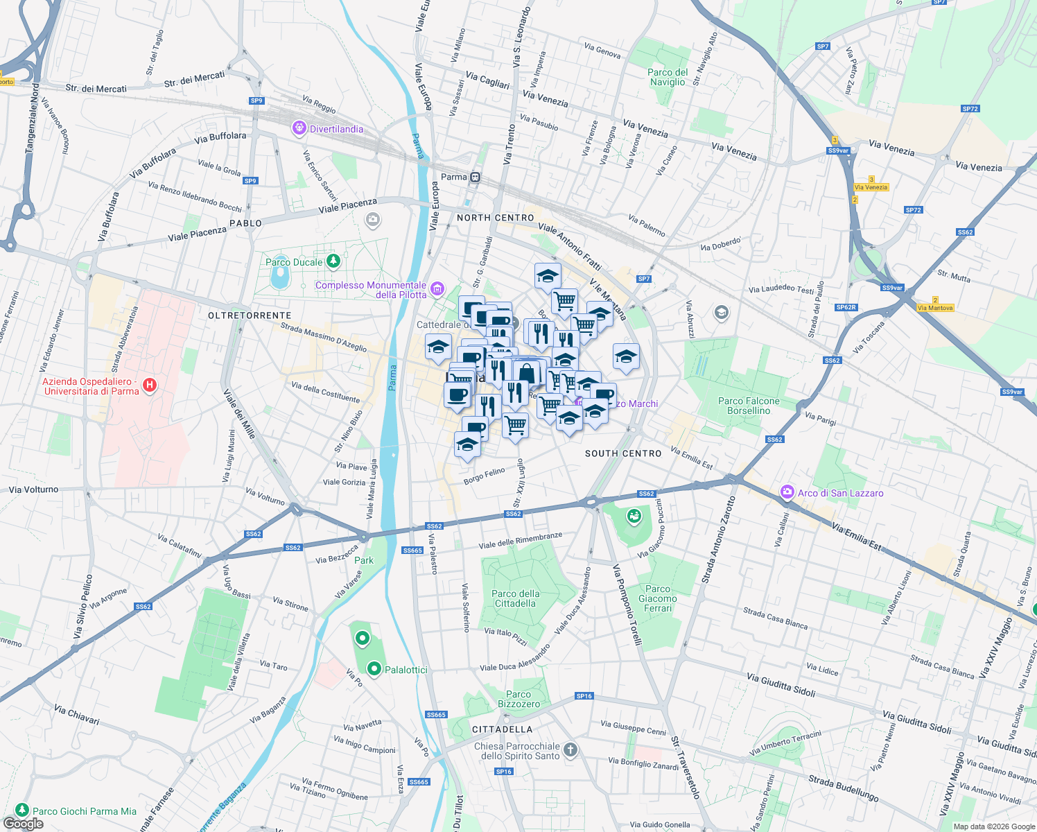 map of restaurants, bars, coffee shops, grocery stores, and more near 16 Strada XXII Luglio in Parma