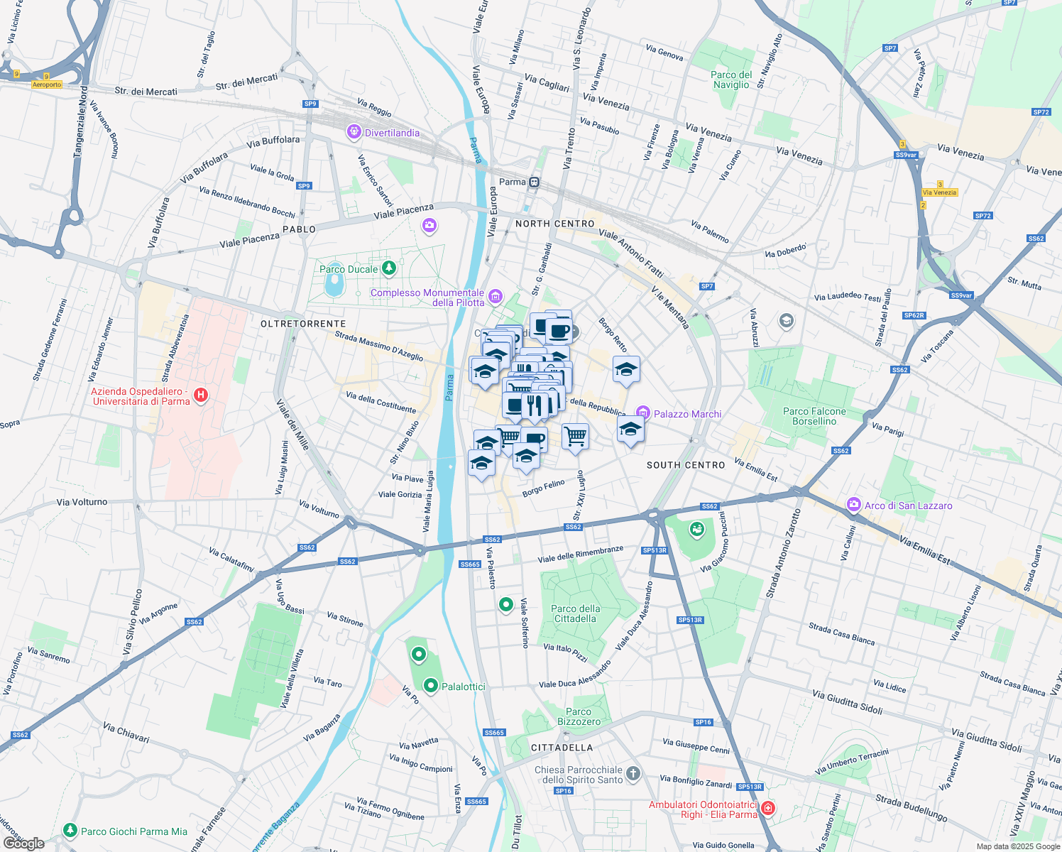 map of restaurants, bars, coffee shops, grocery stores, and more near 17 Via Nazario Sauro in Parma