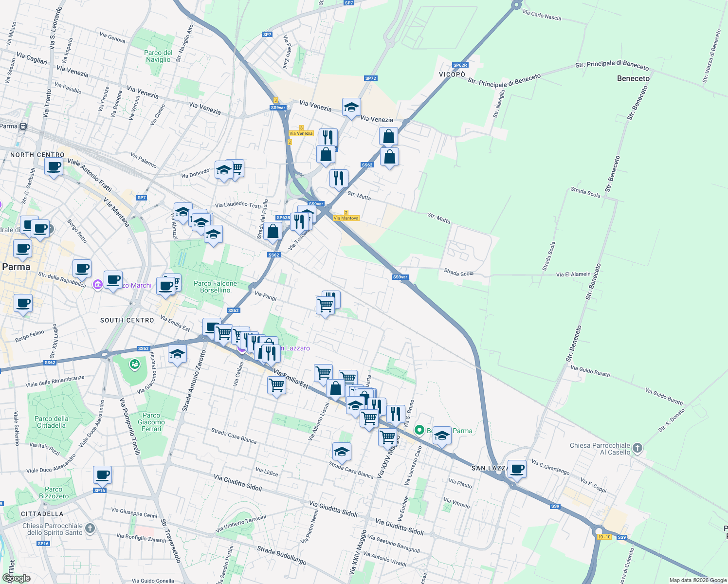 map of restaurants, bars, coffee shops, grocery stores, and more near 22 Via Londra in Parma