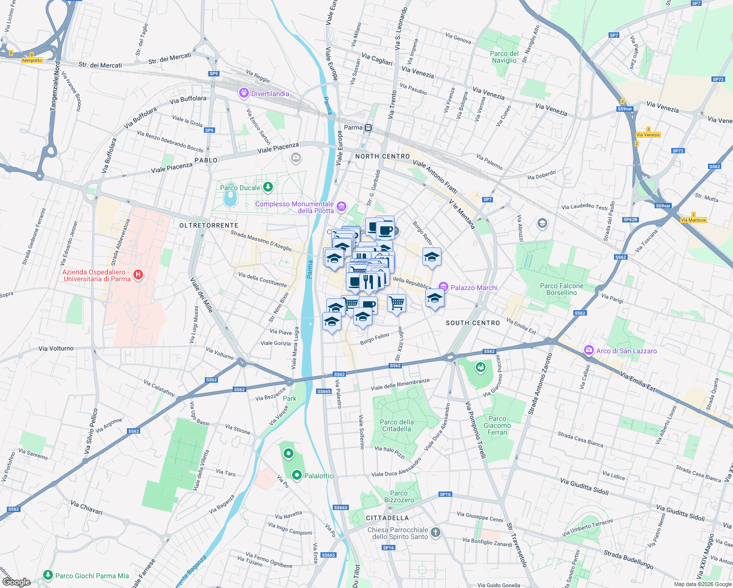 map of restaurants, bars, coffee shops, grocery stores, and more near 17 Via Nazario Sauro in Parma