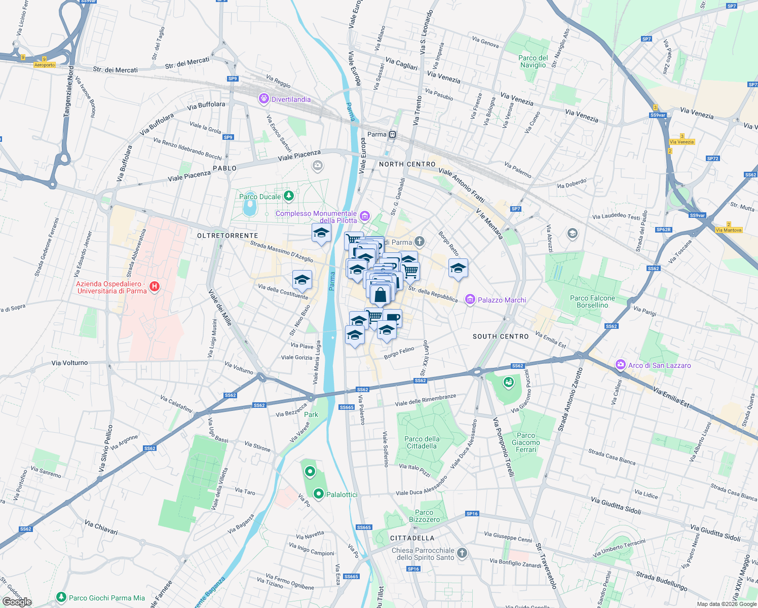 map of restaurants, bars, coffee shops, grocery stores, and more near 2 Borgo del Carbone in Parma