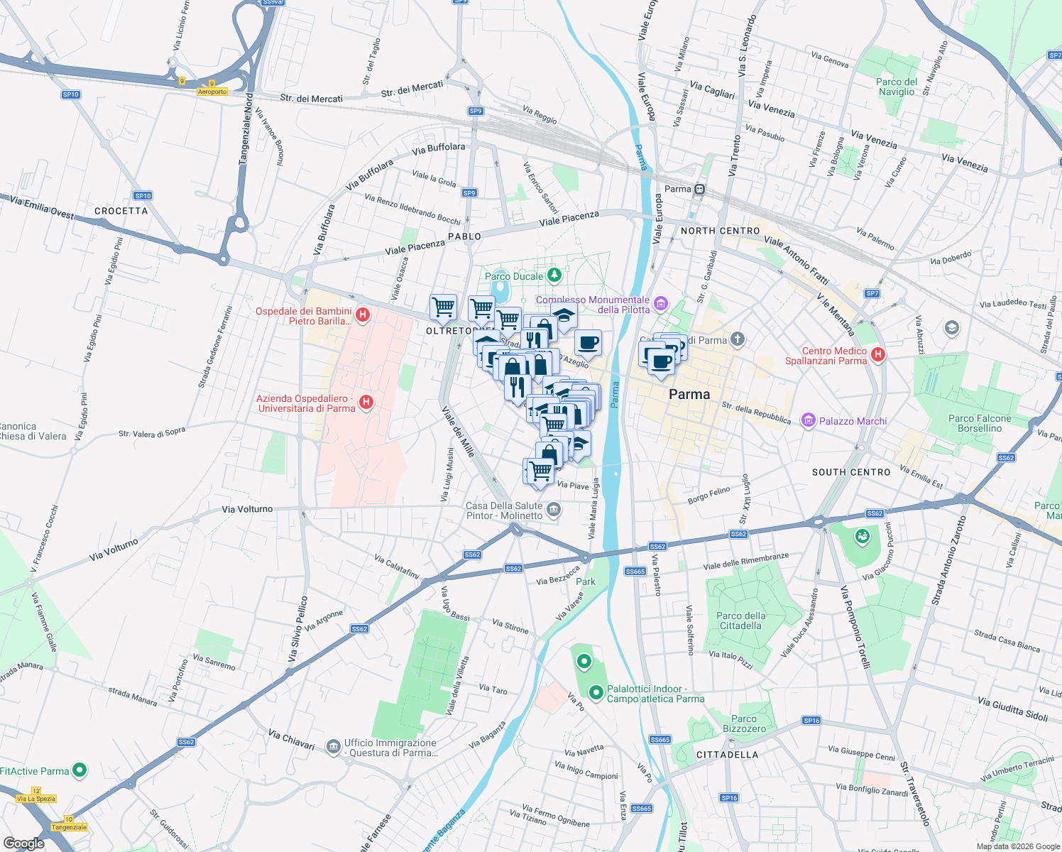 map of restaurants, bars, coffee shops, grocery stores, and more near 2 Borgo Paglia in Parma