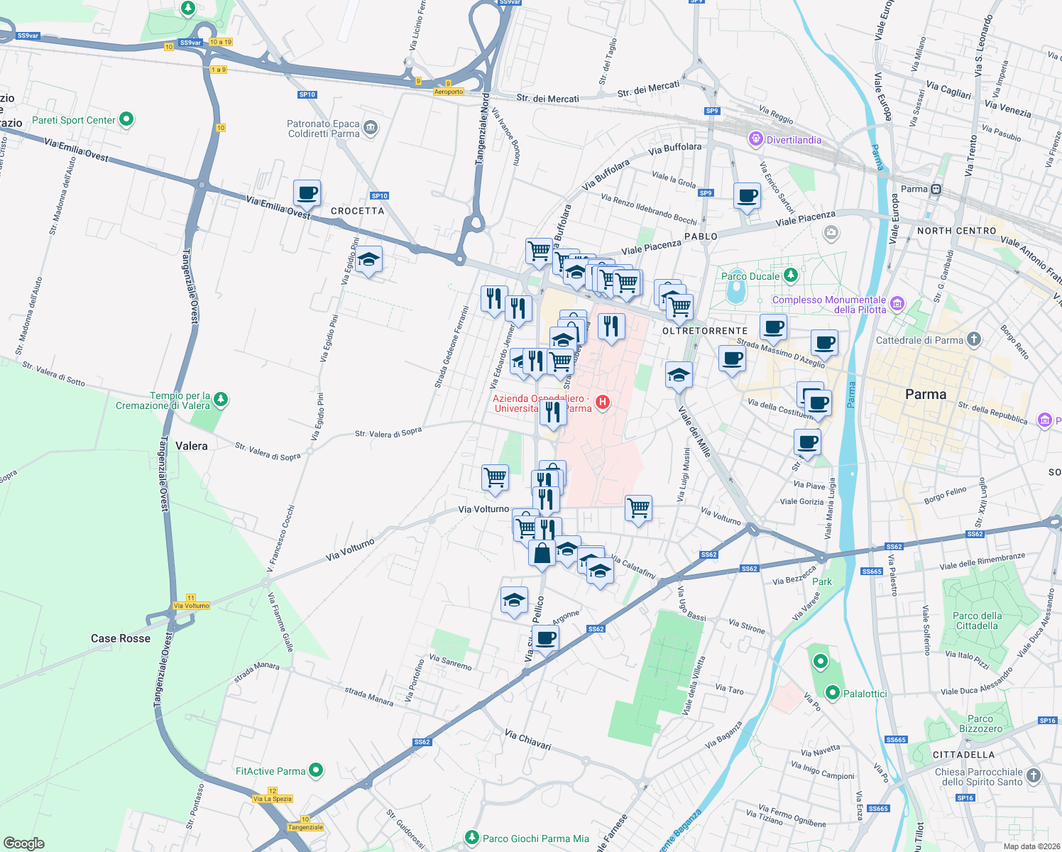 map of restaurants, bars, coffee shops, grocery stores, and more near 27 Via Alexander Fleming in Parma
