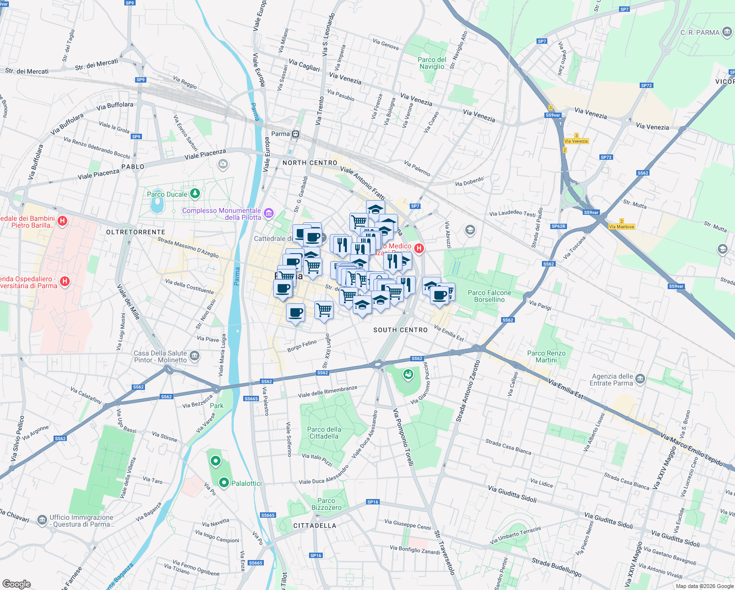 map of restaurants, bars, coffee shops, grocery stores, and more near in Parma