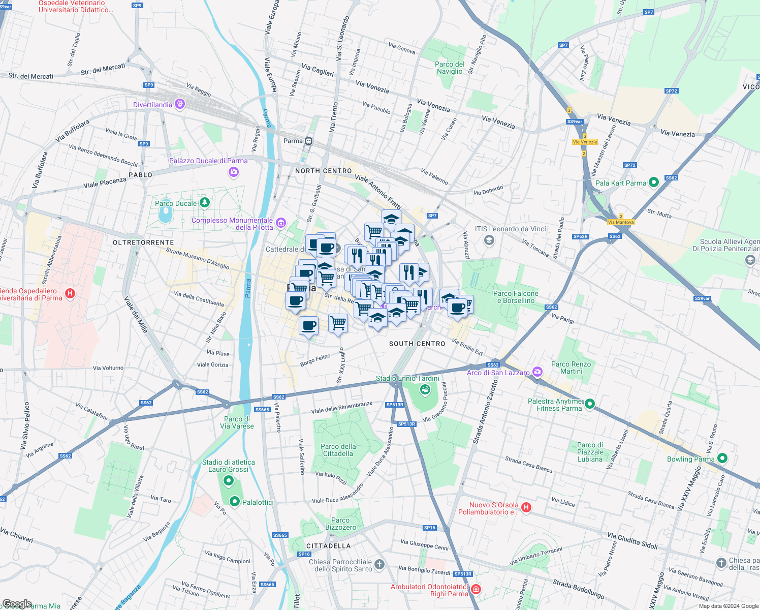map of restaurants, bars, coffee shops, grocery stores, and more near in Parma