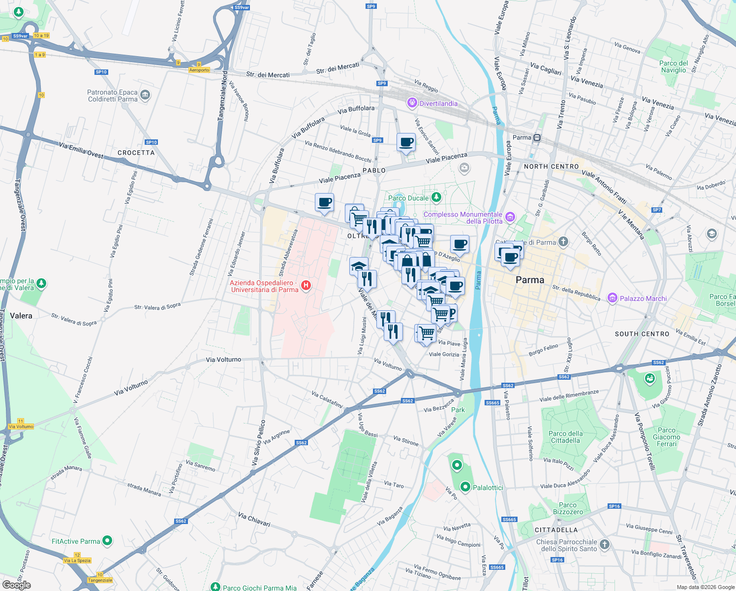 map of restaurants, bars, coffee shops, grocery stores, and more near 4 Strada Quartiere in Parma