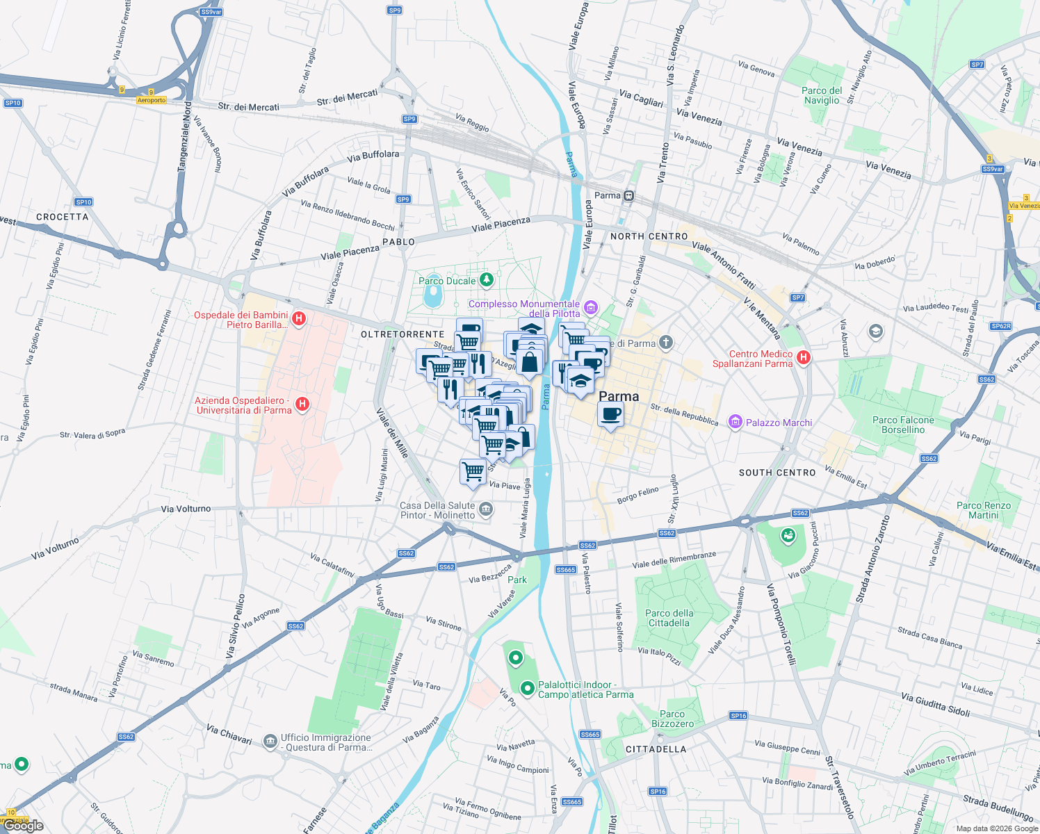 map of restaurants, bars, coffee shops, grocery stores, and more near 37 Strada Nino Bixio in Parma
