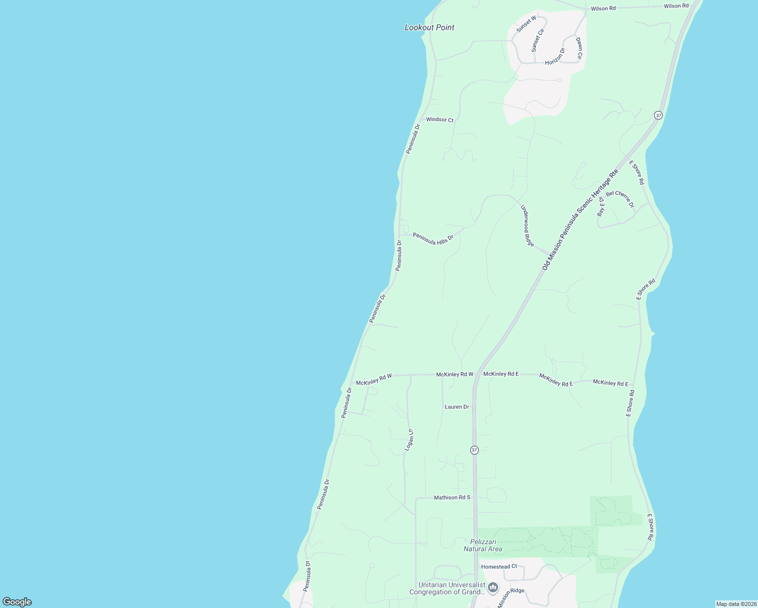 map of restaurants, bars, coffee shops, grocery stores, and more near 8060 Peninsula Drive in Traverse City