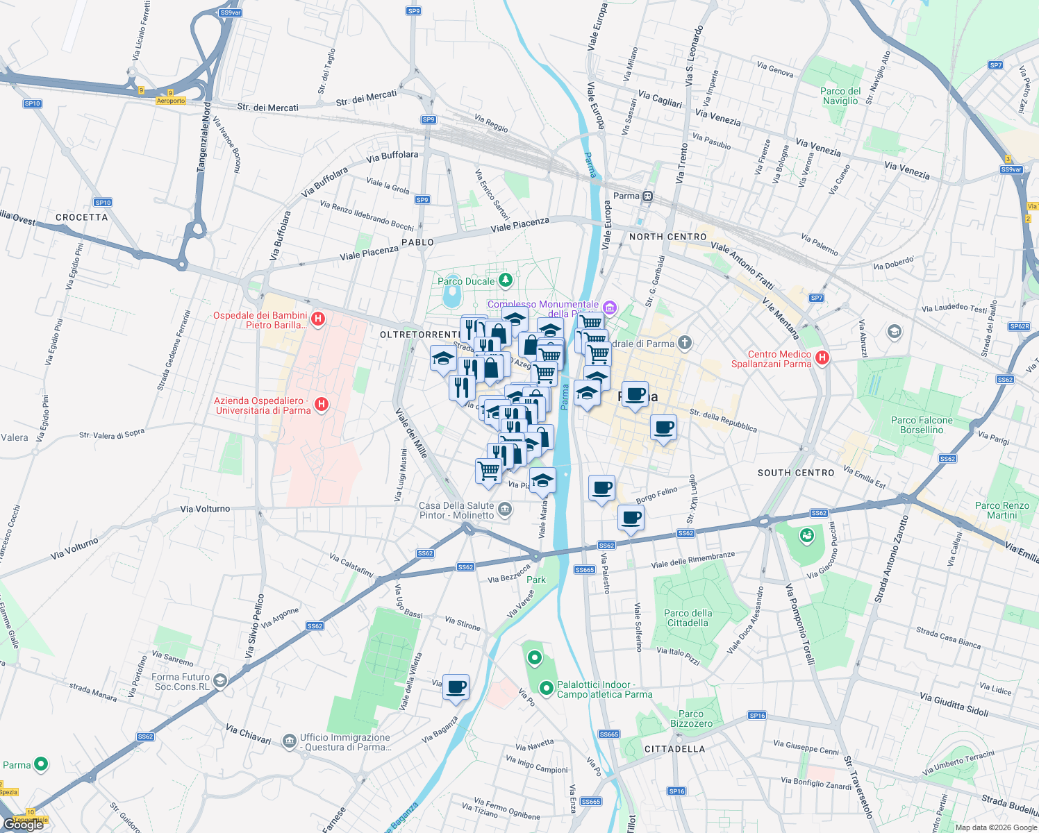 map of restaurants, bars, coffee shops, grocery stores, and more near 19 Viale Costituente in Parma
