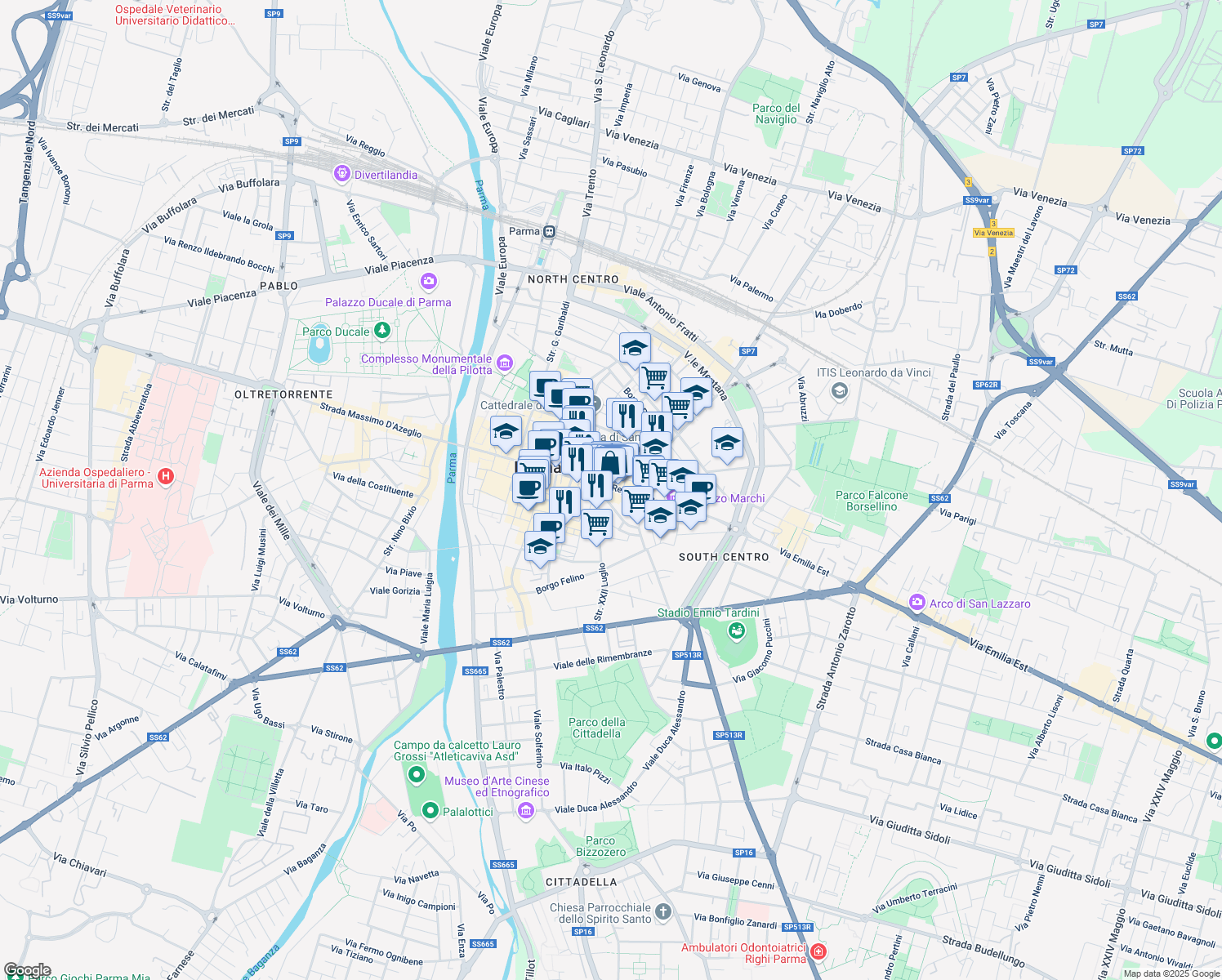 map of restaurants, bars, coffee shops, grocery stores, and more near 31 Strada della Repubblica in Parma