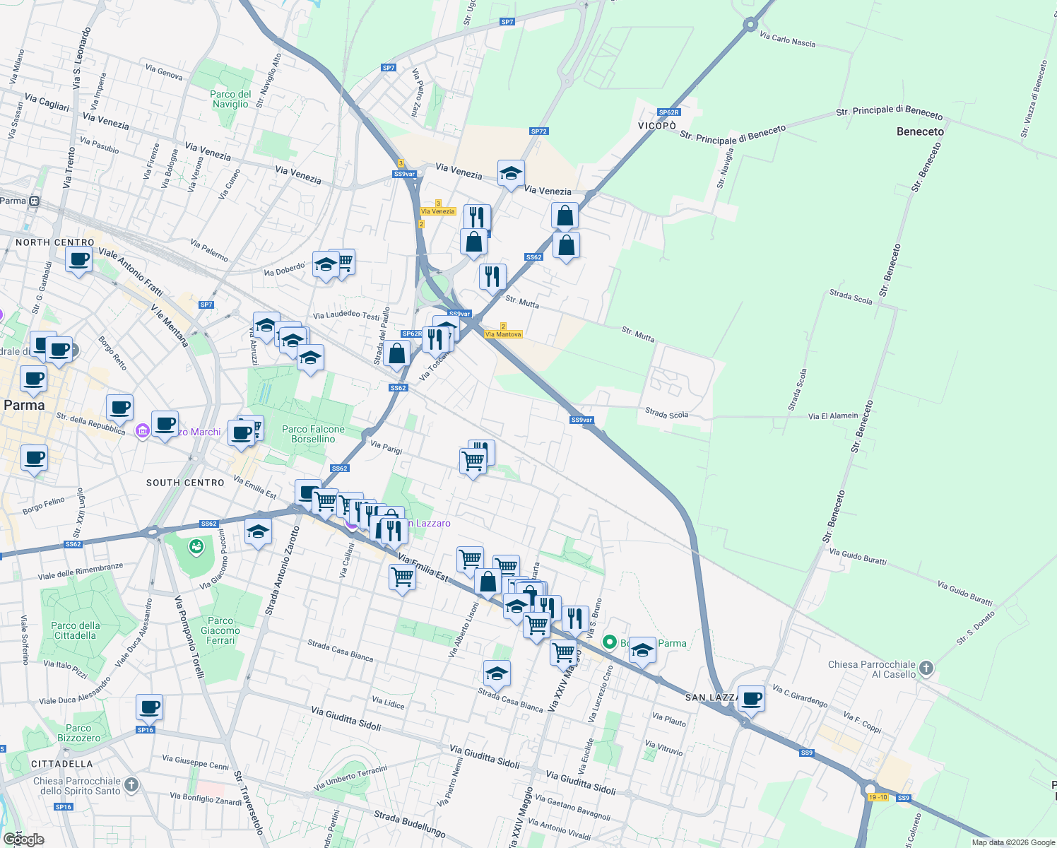 map of restaurants, bars, coffee shops, grocery stores, and more near 14-22 Via Londra in Parma
