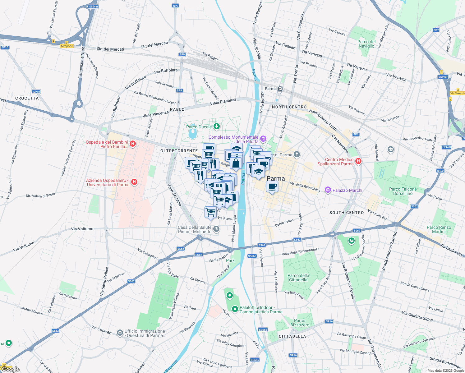 map of restaurants, bars, coffee shops, grocery stores, and more near 37 Strada Nino Bixio in Parma