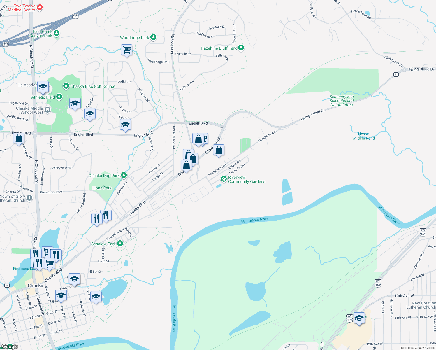 map of restaurants, bars, coffee shops, grocery stores, and more near 19 Ehlers Avenue in Chaska