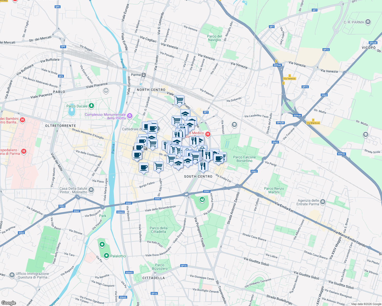 map of restaurants, bars, coffee shops, grocery stores, and more near 13-19 Via Corso Corsi in Parma