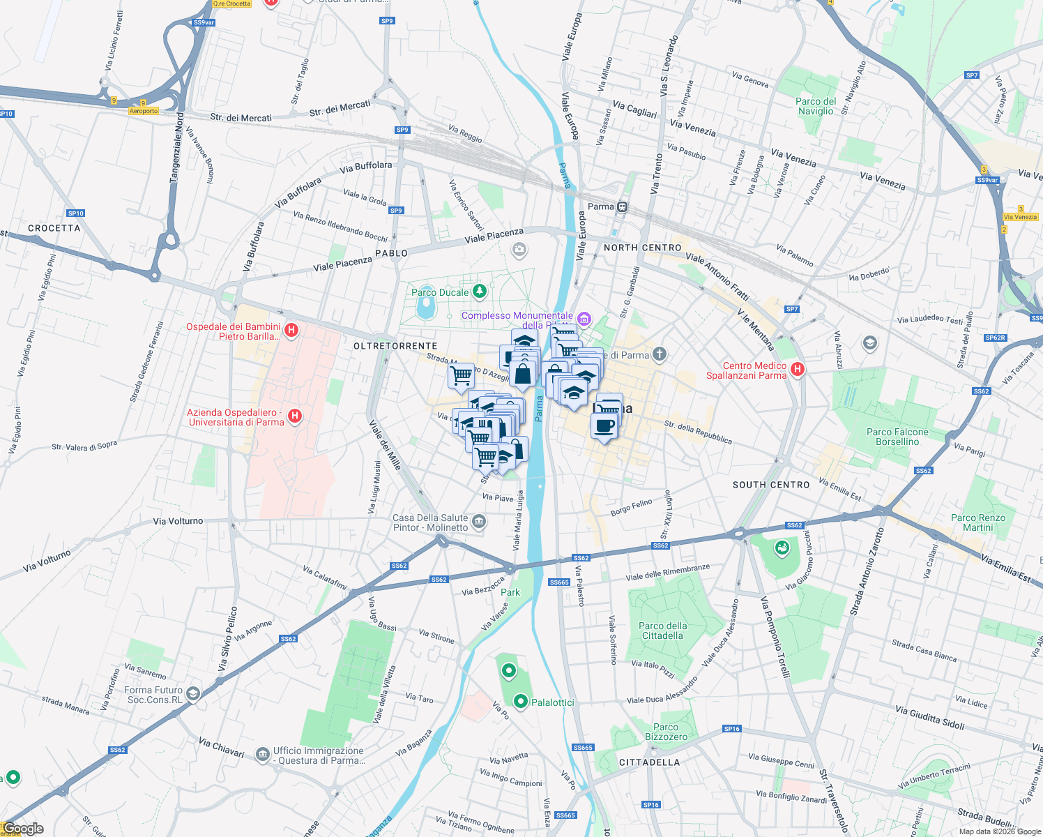 map of restaurants, bars, coffee shops, grocery stores, and more near 17-33 Vicolo Santa Caterina in Parma