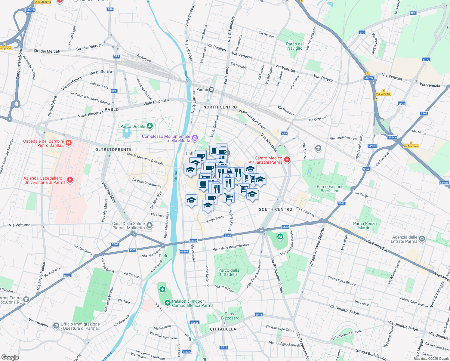 map of restaurants, bars, coffee shops, grocery stores, and more near 20A Strada della Repubblica in Parma