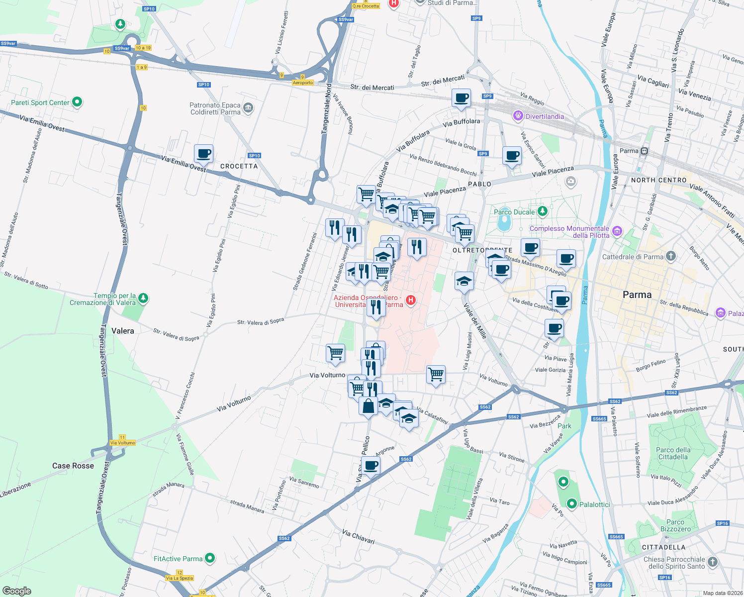 map of restaurants, bars, coffee shops, grocery stores, and more near 27 Via Alexander Fleming in Parma
