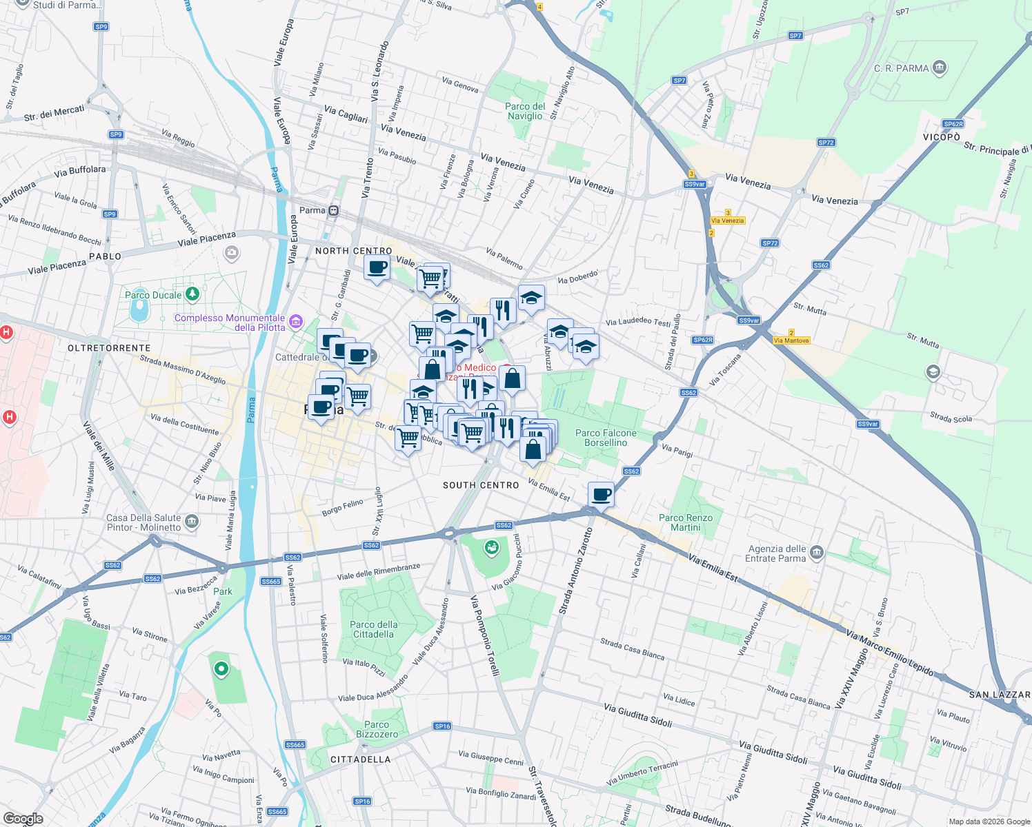 map of restaurants, bars, coffee shops, grocery stores, and more near 21 Viale Mentana in Parma