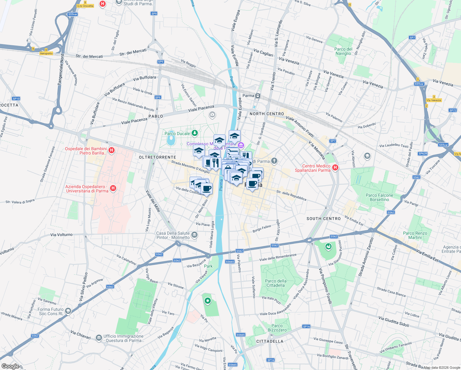 map of restaurants, bars, coffee shops, grocery stores, and more near 11A Galleria Polidoro in Parma