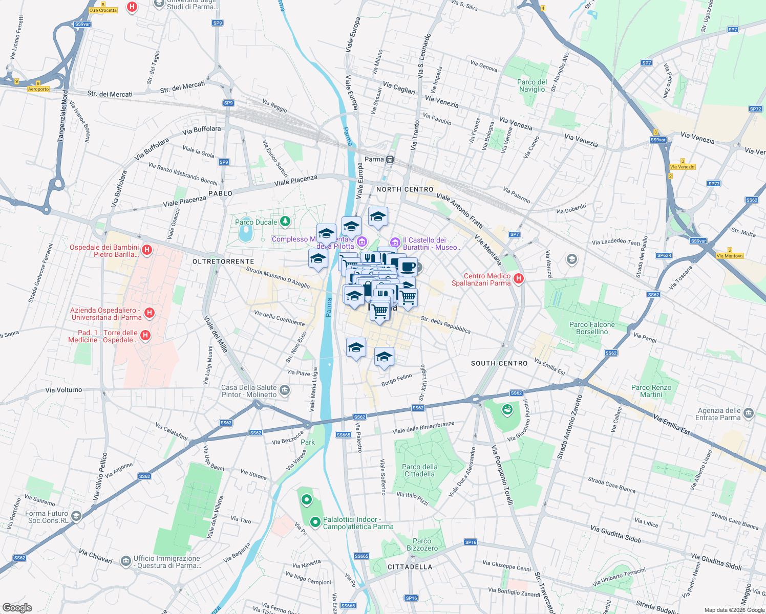 map of restaurants, bars, coffee shops, grocery stores, and more near in Parma