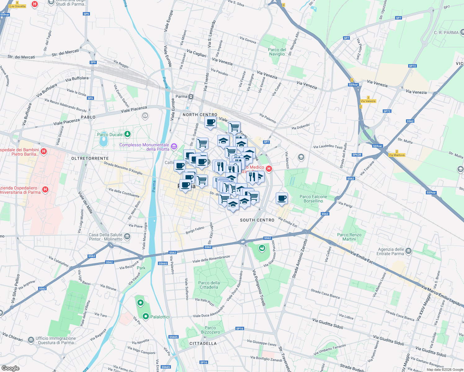 map of restaurants, bars, coffee shops, grocery stores, and more near 9 Via Corso Corsi in Parma