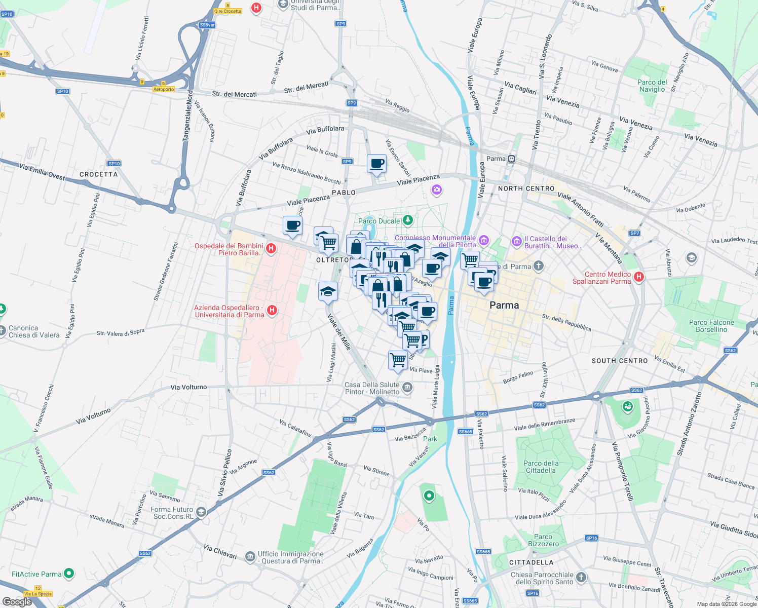 map of restaurants, bars, coffee shops, grocery stores, and more near 1-59 Borgo Pietro Cocconi in Parma
