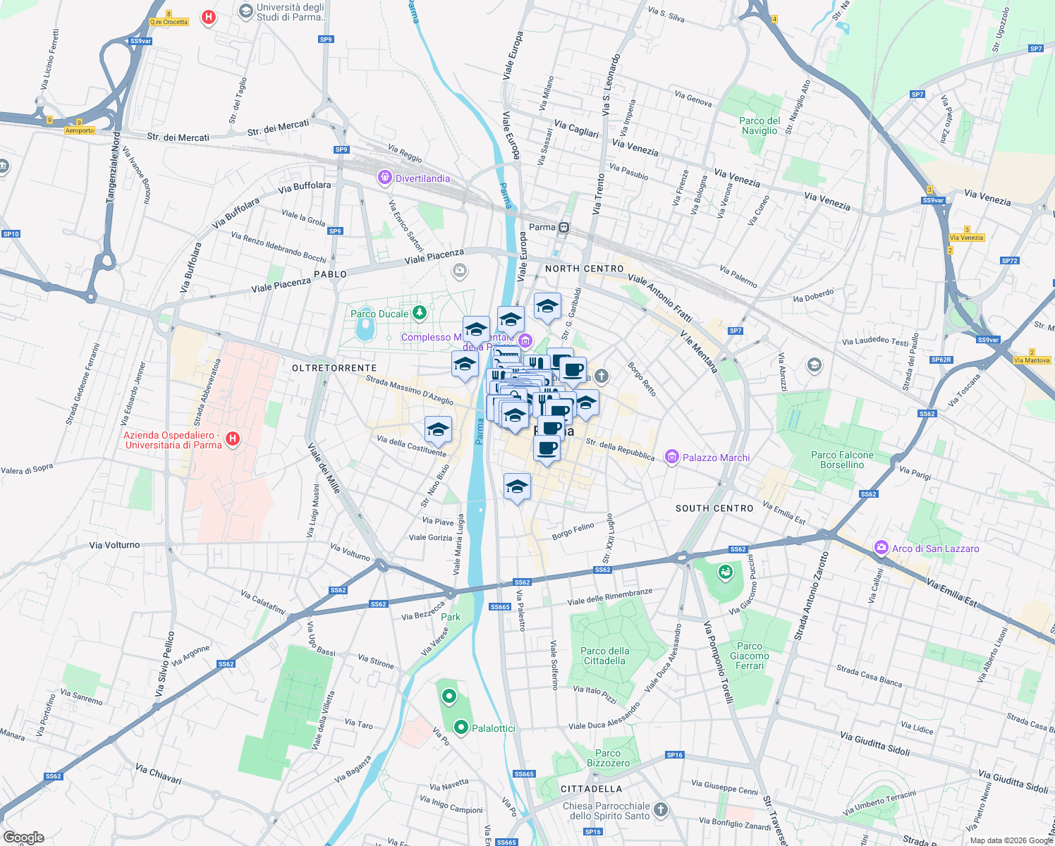 map of restaurants, bars, coffee shops, grocery stores, and more near 1 Piazza San Bartolomeo in Parma
