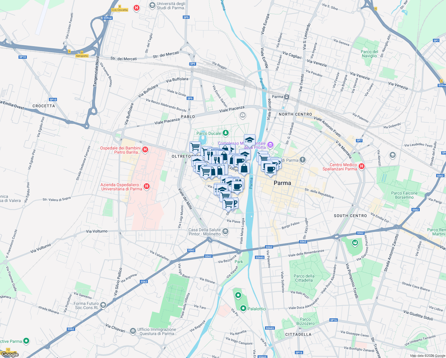 map of restaurants, bars, coffee shops, grocery stores, and more near 37a Borgo Marodolo in Parma