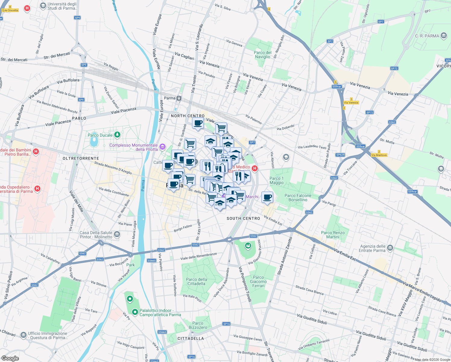 map of restaurants, bars, coffee shops, grocery stores, and more near 9 Via Corso Corsi in Parma