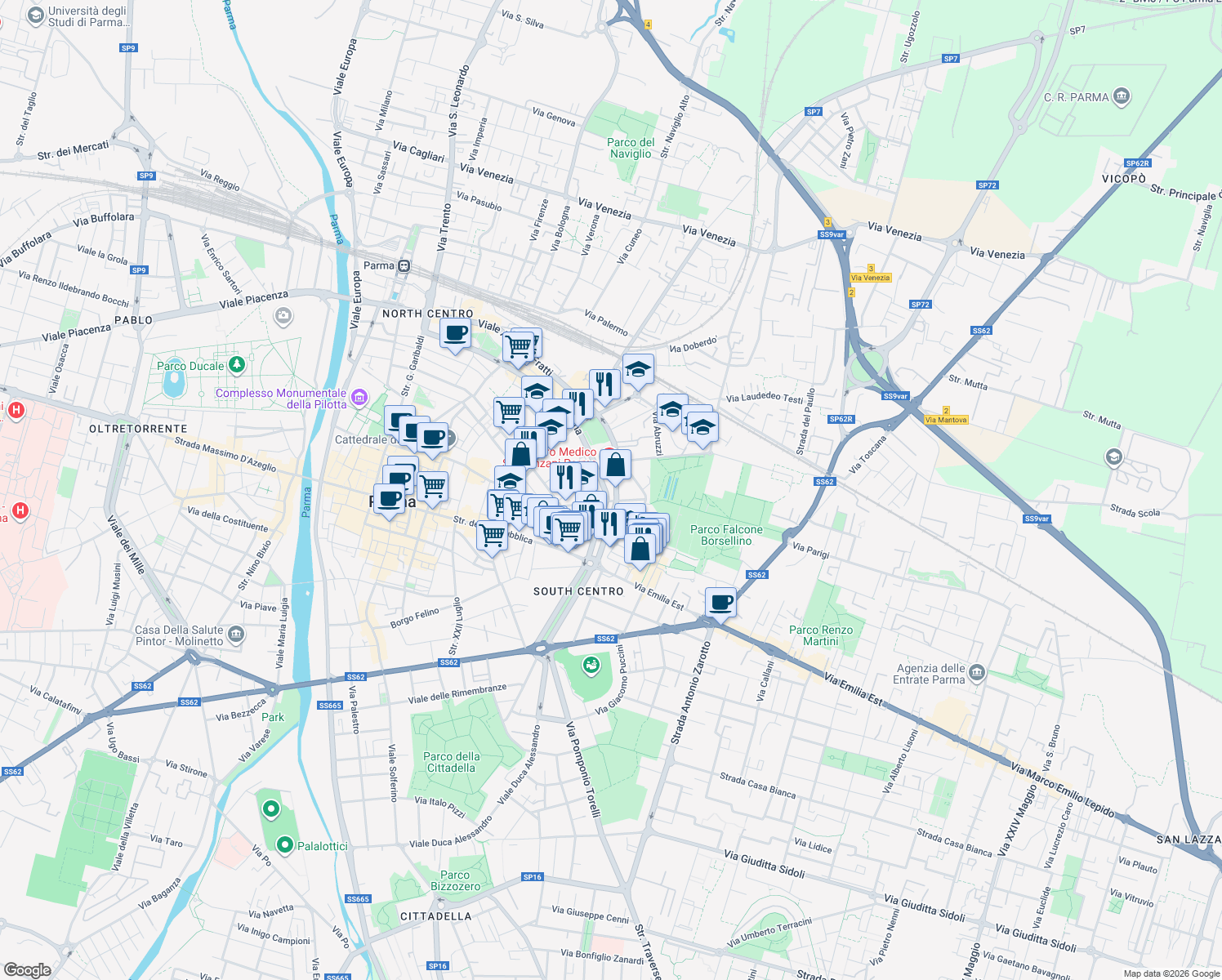 map of restaurants, bars, coffee shops, grocery stores, and more near 21 Viale Mentana in Parma