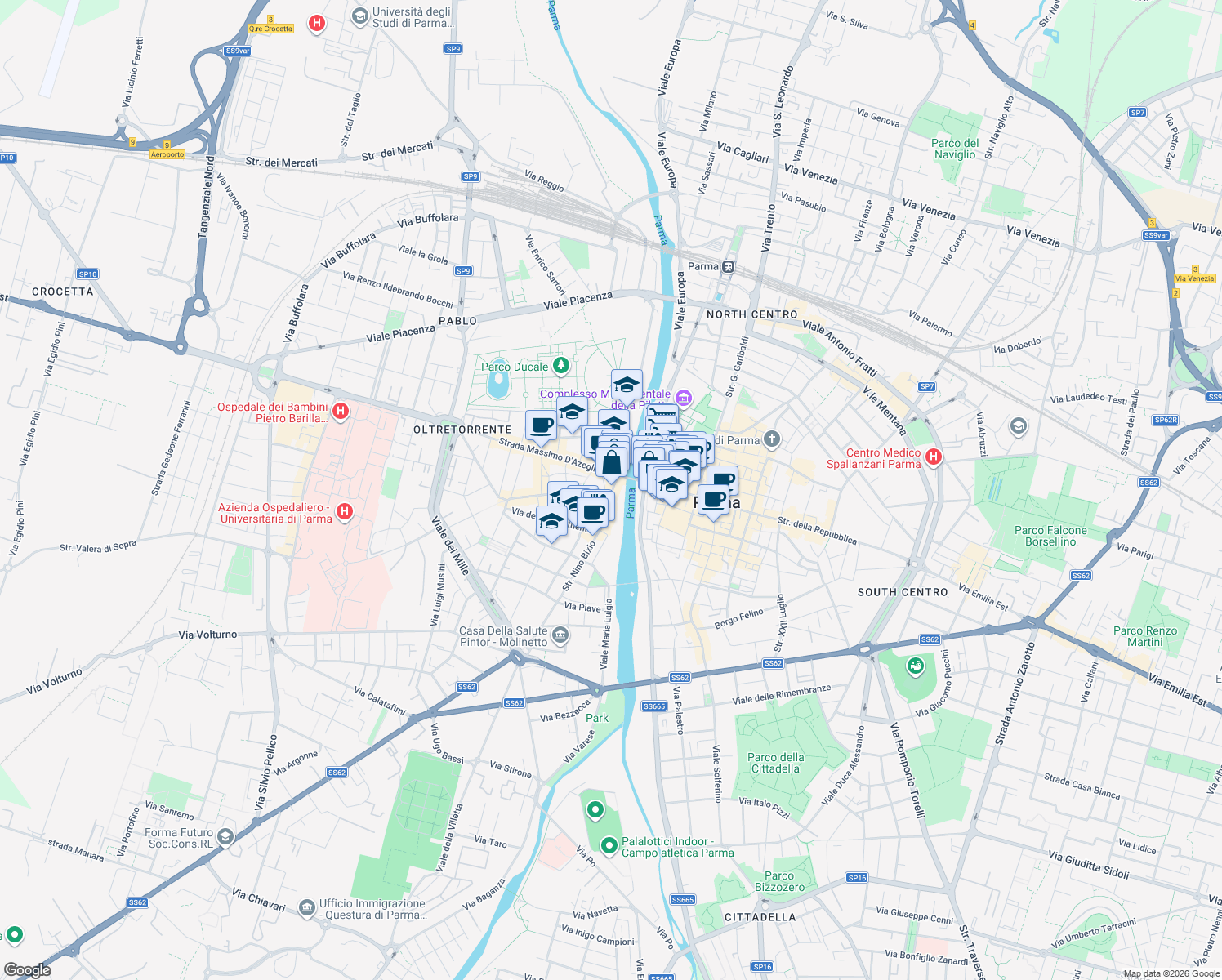 map of restaurants, bars, coffee shops, grocery stores, and more near 158 Ponte di Mezzo in Parma