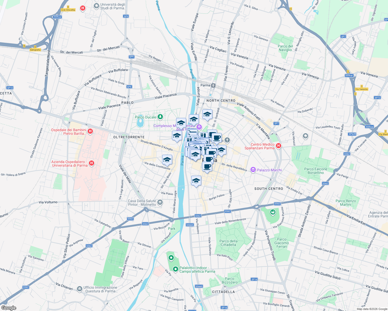 map of restaurants, bars, coffee shops, grocery stores, and more near 1 Piazza San Bartolomeo in Parma