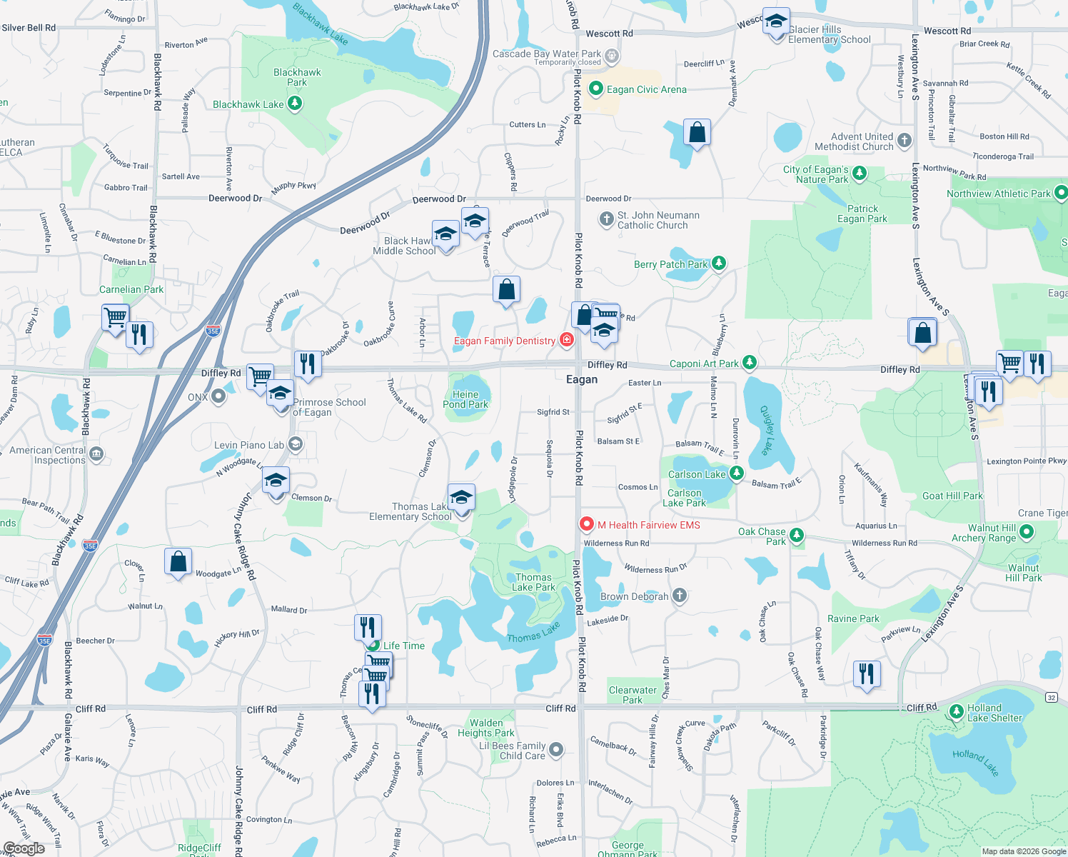 map of restaurants, bars, coffee shops, grocery stores, and more near 1439 Hemlock Circle in Eagan