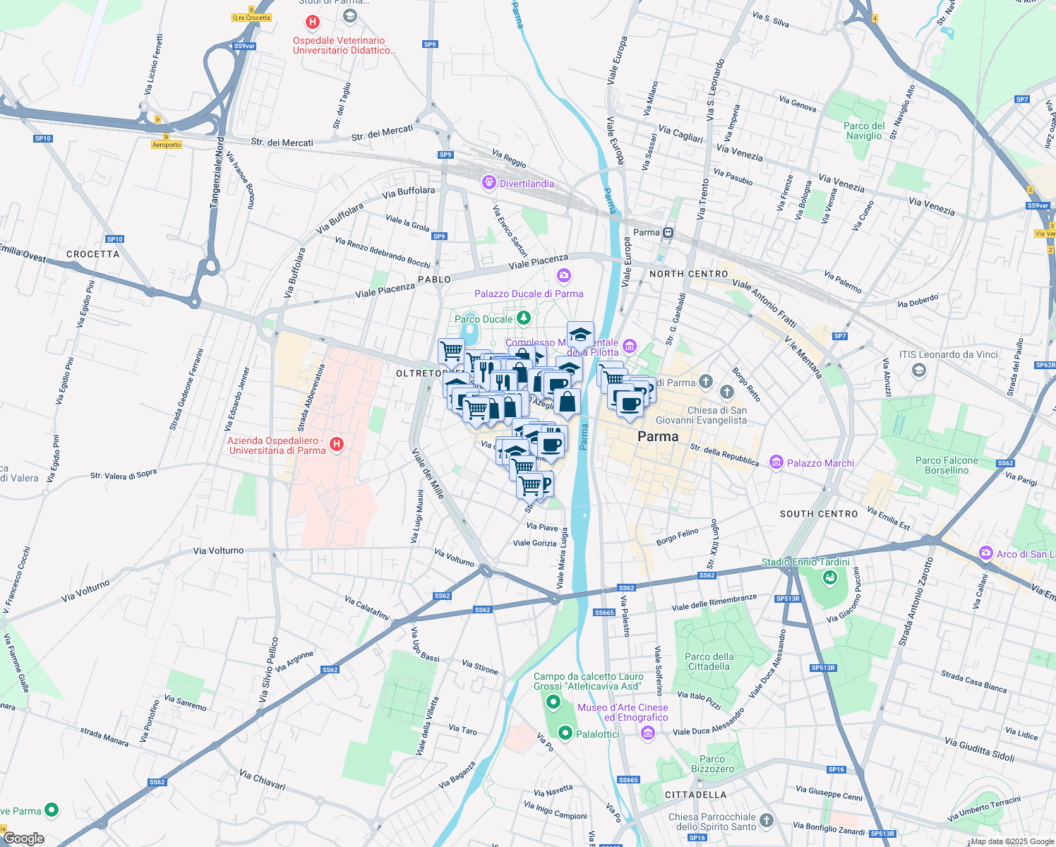 map of restaurants, bars, coffee shops, grocery stores, and more near 37a Borgo Marodolo in Parma