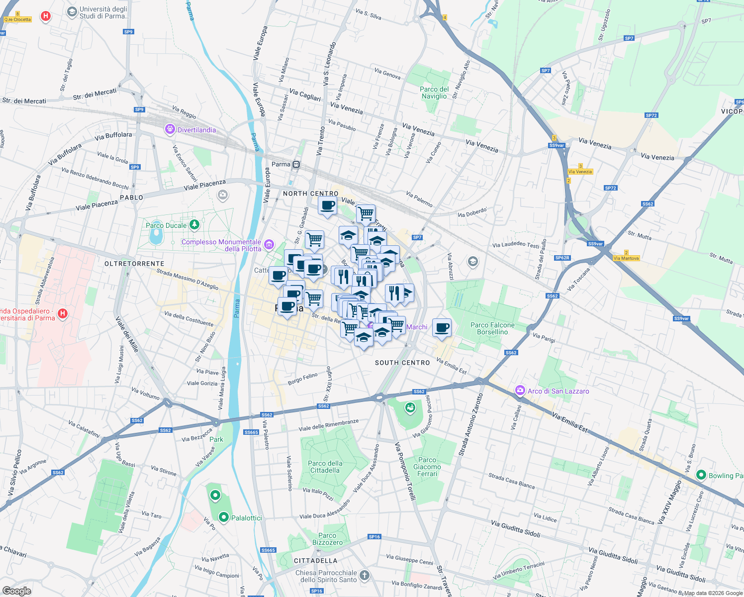 map of restaurants, bars, coffee shops, grocery stores, and more near 9 Via Corso Corsi in Parma