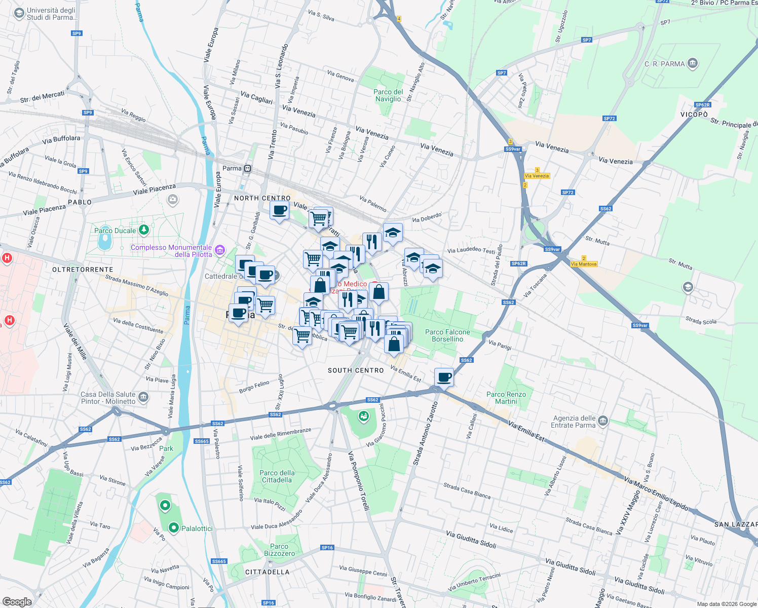 map of restaurants, bars, coffee shops, grocery stores, and more near 21 Viale Mentana in Parma
