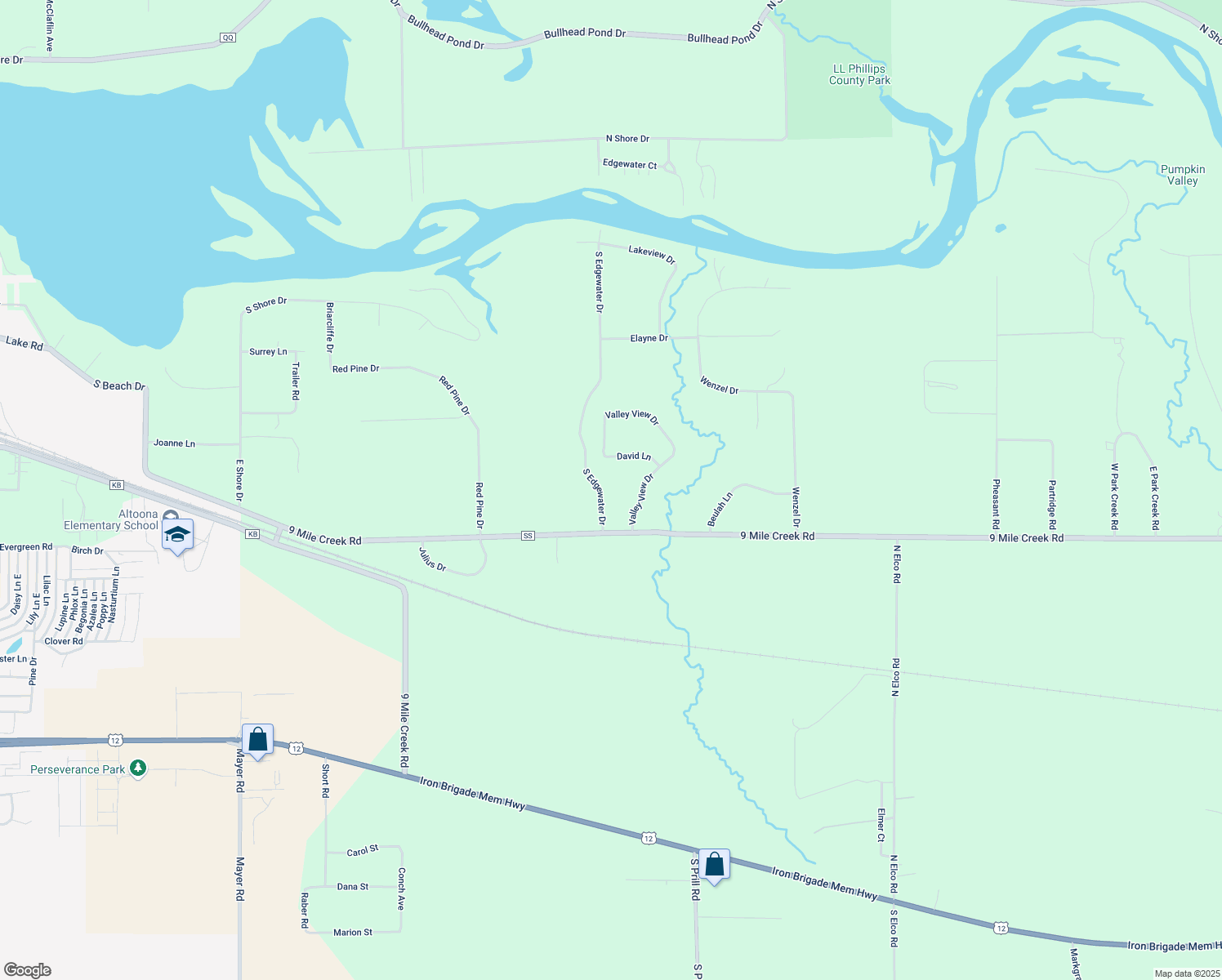 map of restaurants, bars, coffee shops, grocery stores, and more near 1625 South Edgewater Drive in Eau Claire