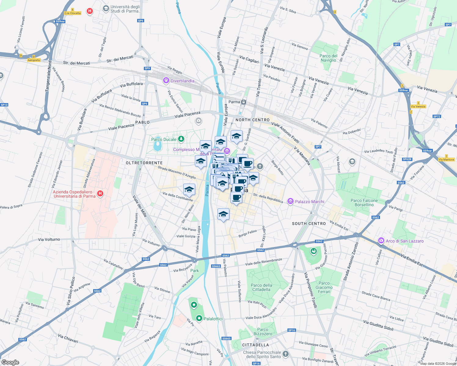 map of restaurants, bars, coffee shops, grocery stores, and more near 1 Piazza San Bartolomeo in Parma