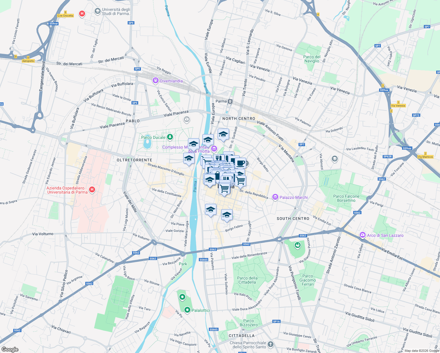 map of restaurants, bars, coffee shops, grocery stores, and more near in Parma