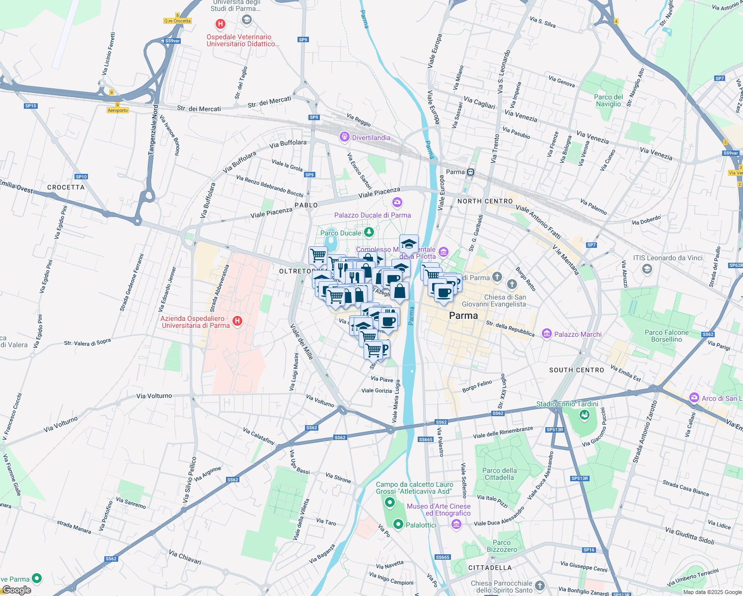 map of restaurants, bars, coffee shops, grocery stores, and more near 37a Borgo Marodolo in Parma