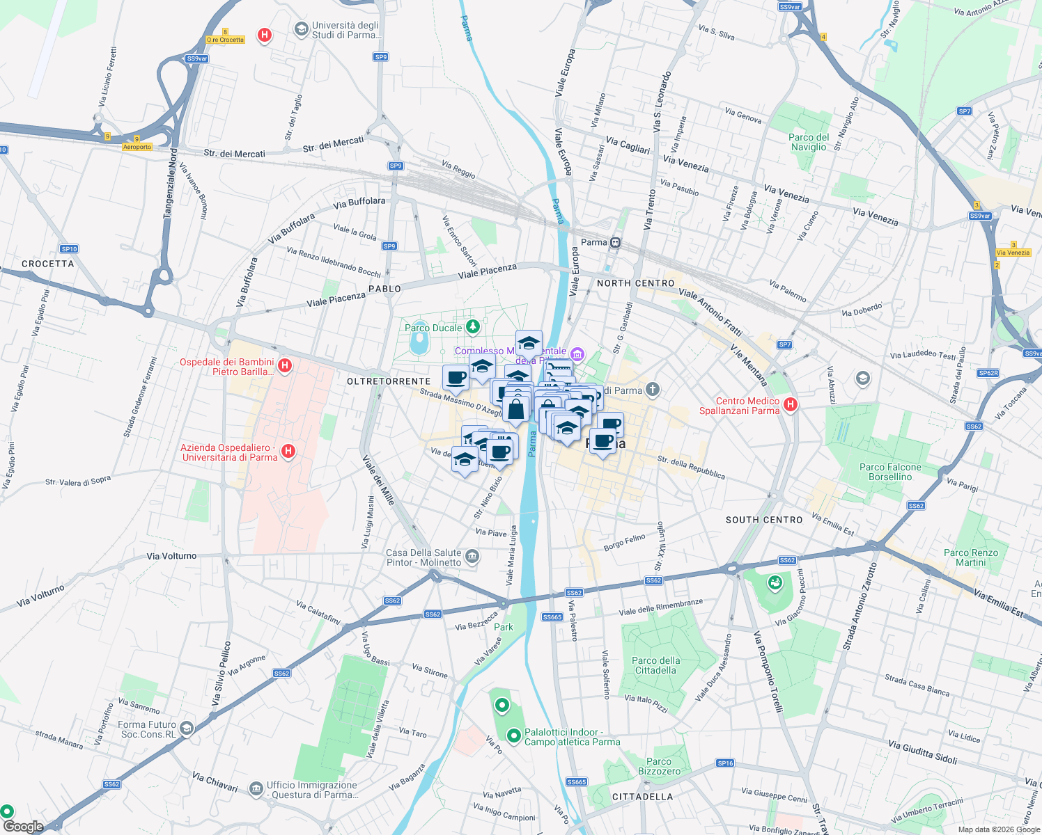map of restaurants, bars, coffee shops, grocery stores, and more near 158 Ponte di Mezzo in Parma