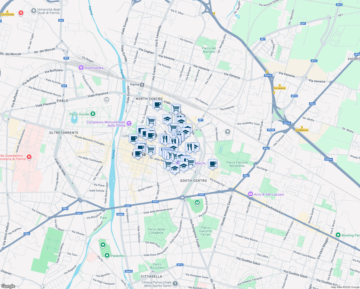 map of restaurants, bars, coffee shops, grocery stores, and more near 9 Via Corso Corsi in Parma