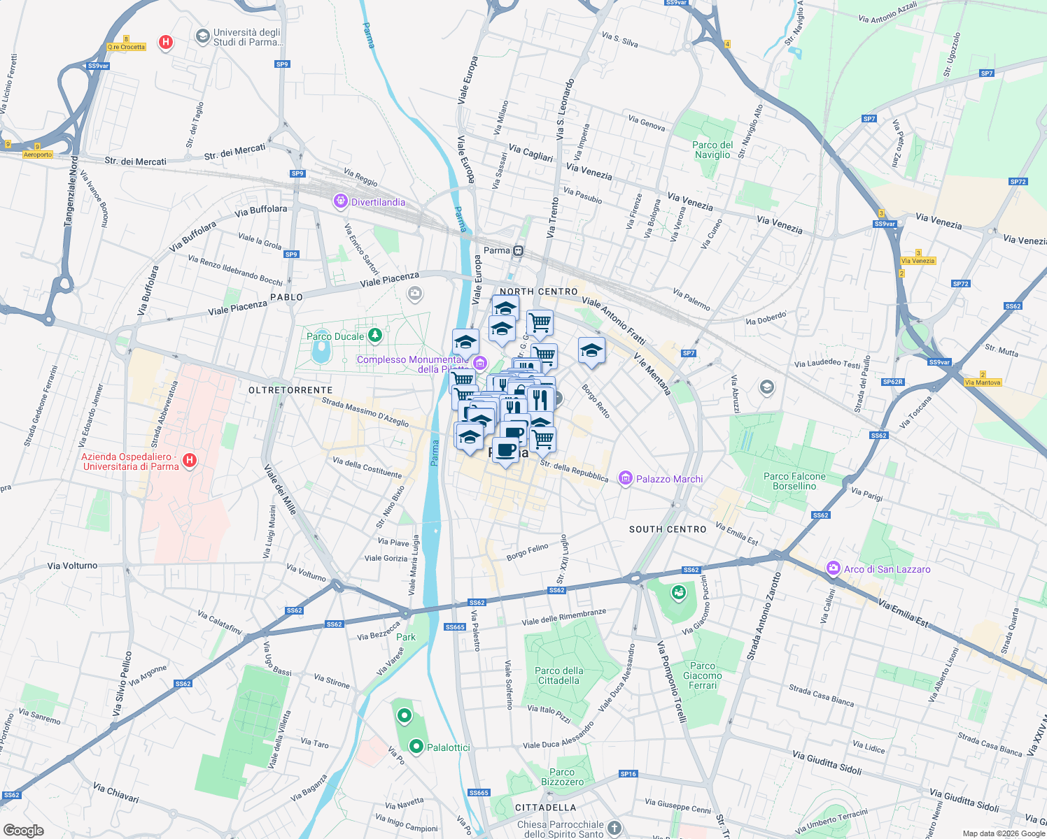 map of restaurants, bars, coffee shops, grocery stores, and more near 8a Vicolo Vescovado in Parma