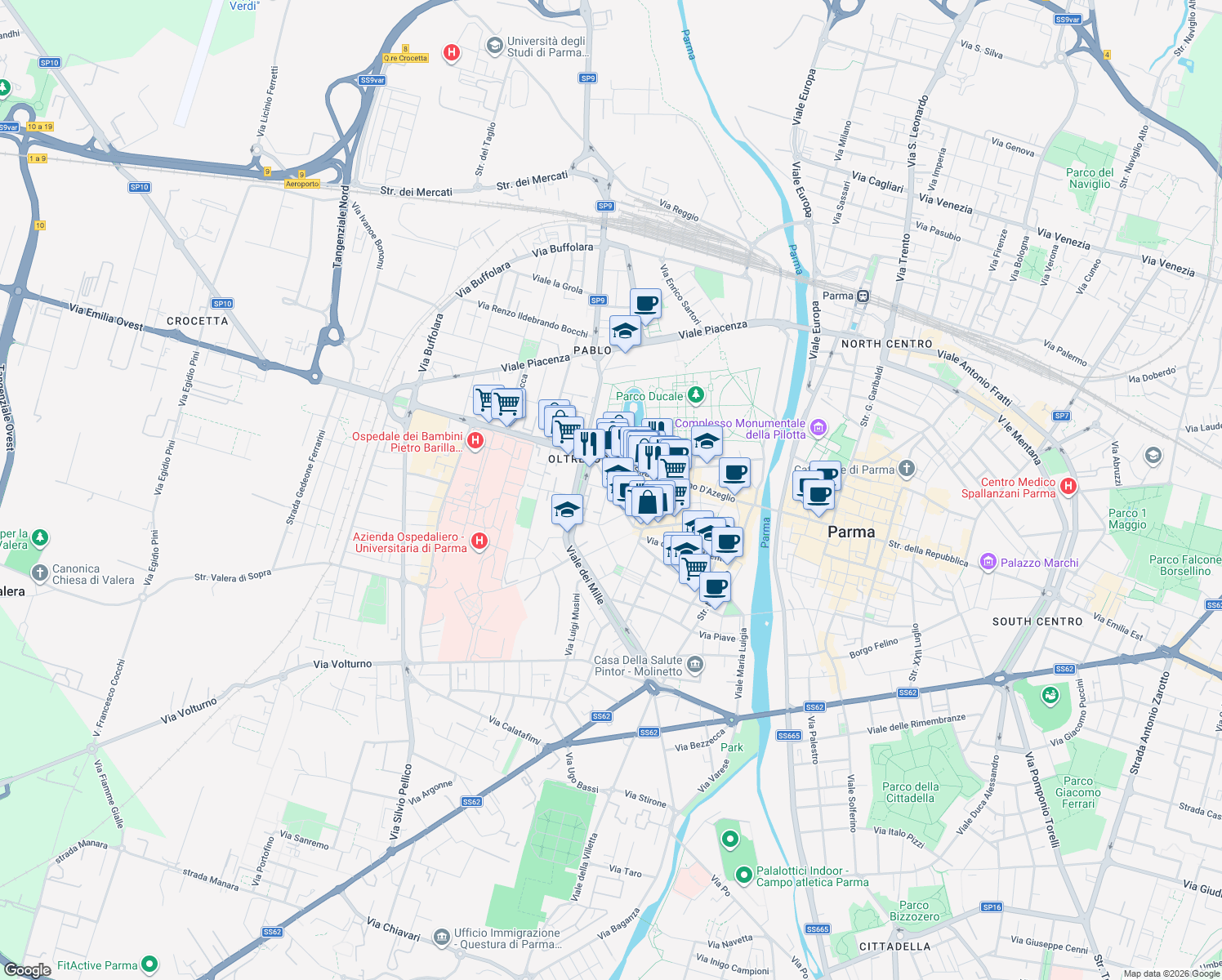 map of restaurants, bars, coffee shops, grocery stores, and more near 4 Via Antonio Cocconcelli in Parma
