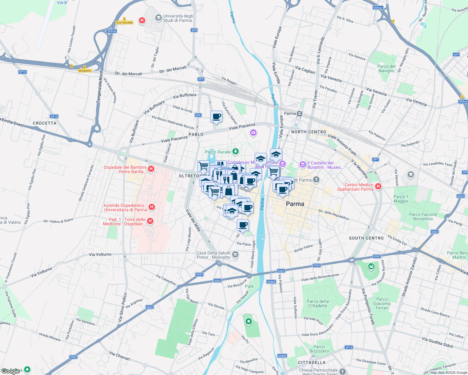 map of restaurants, bars, coffee shops, grocery stores, and more near 3 Vicolo Grossardi in Parma