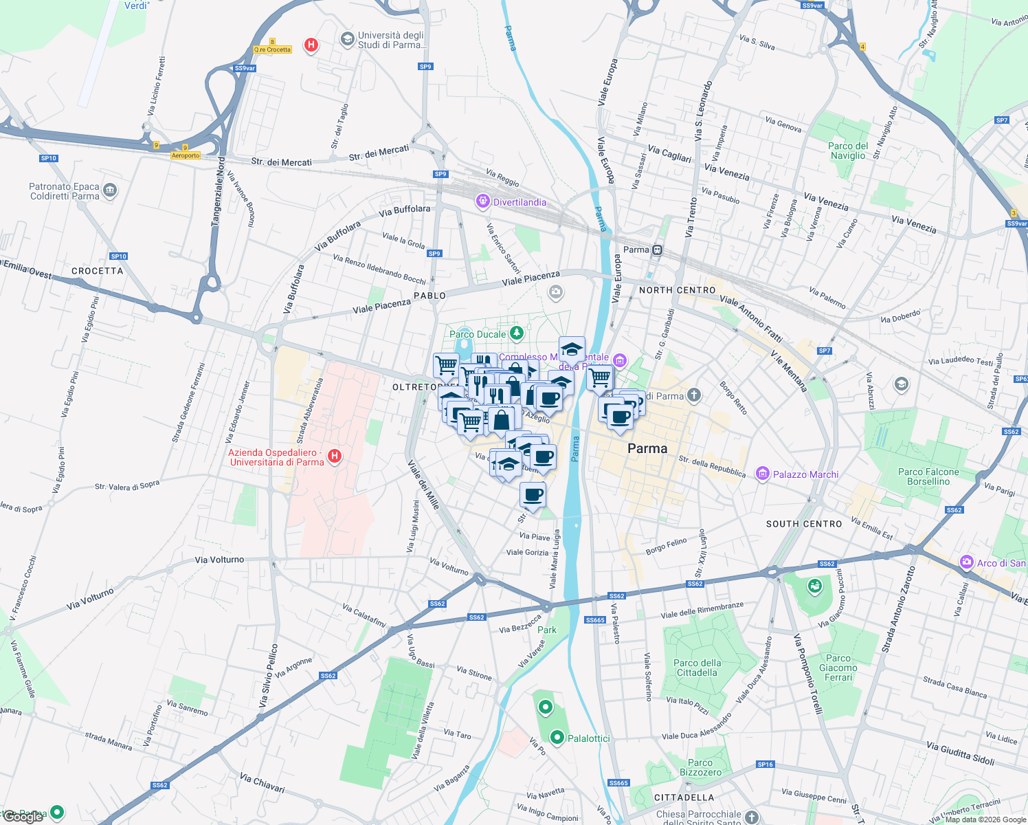 map of restaurants, bars, coffee shops, grocery stores, and more near 3 Vicolo Grossardi in Parma
