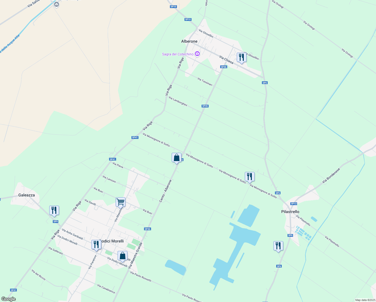 map of restaurants, bars, coffee shops, grocery stores, and more near 32a Via Monsignore di Sotto in Dodici Morelli
