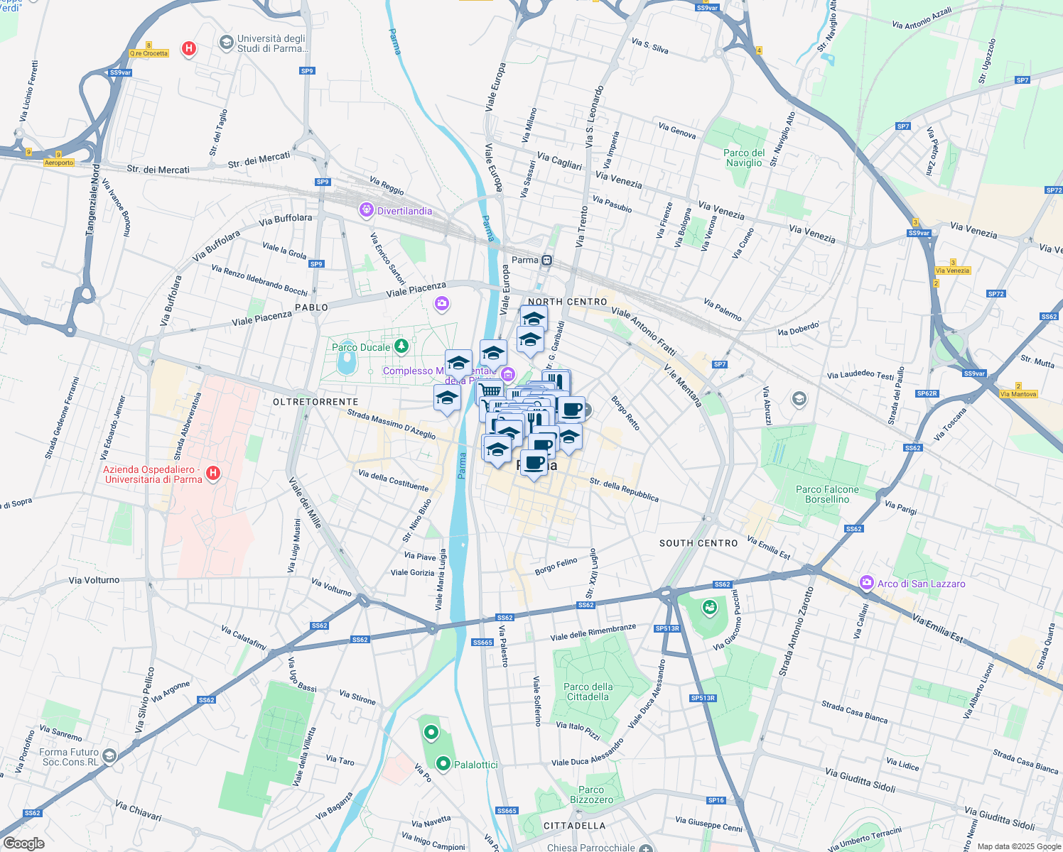 map of restaurants, bars, coffee shops, grocery stores, and more near 9 Strada Giuseppe Garibaldi in Parma