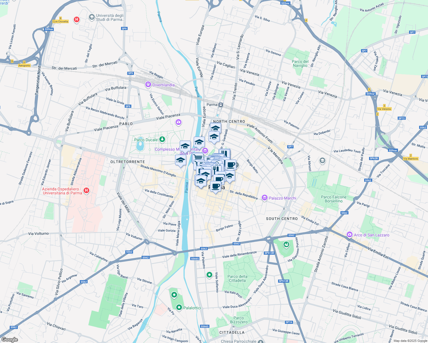 map of restaurants, bars, coffee shops, grocery stores, and more near 9 Strada Giuseppe Garibaldi in Parma